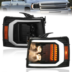 Headlight Assembly Compatible with 2007-2014 Chevy Chevrolet Silverado 1500 2500HD 3500HD Front Lamp with LED DRL/Black Housing/Smoke Lens/Amber Reflector