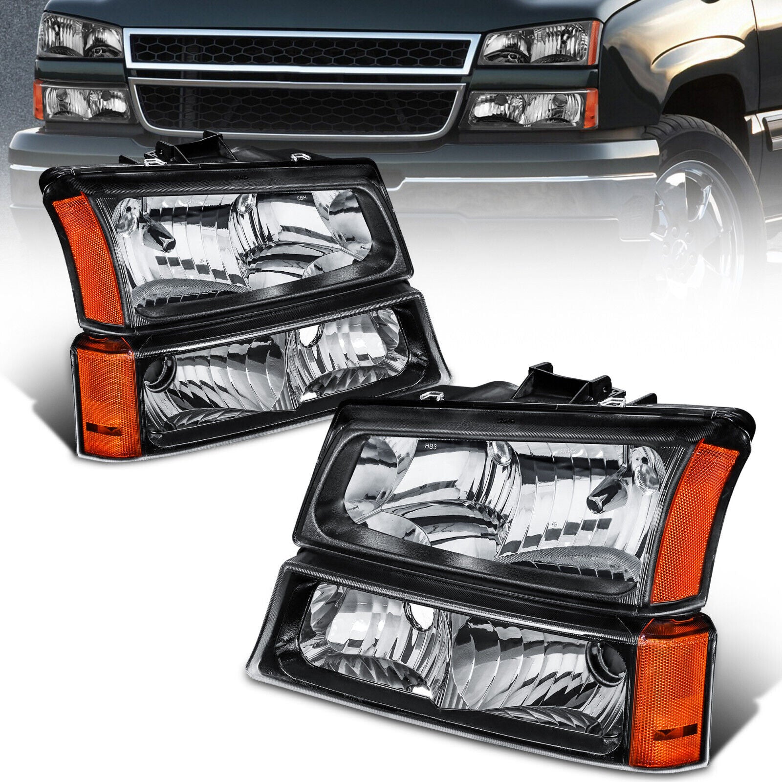 Headlight Assembly Compatible with 2003-2006 Chevy Silverado/Avalanche 1500/2500 Front Lamp with Black Housing/Clear Lens/Amber Reflector