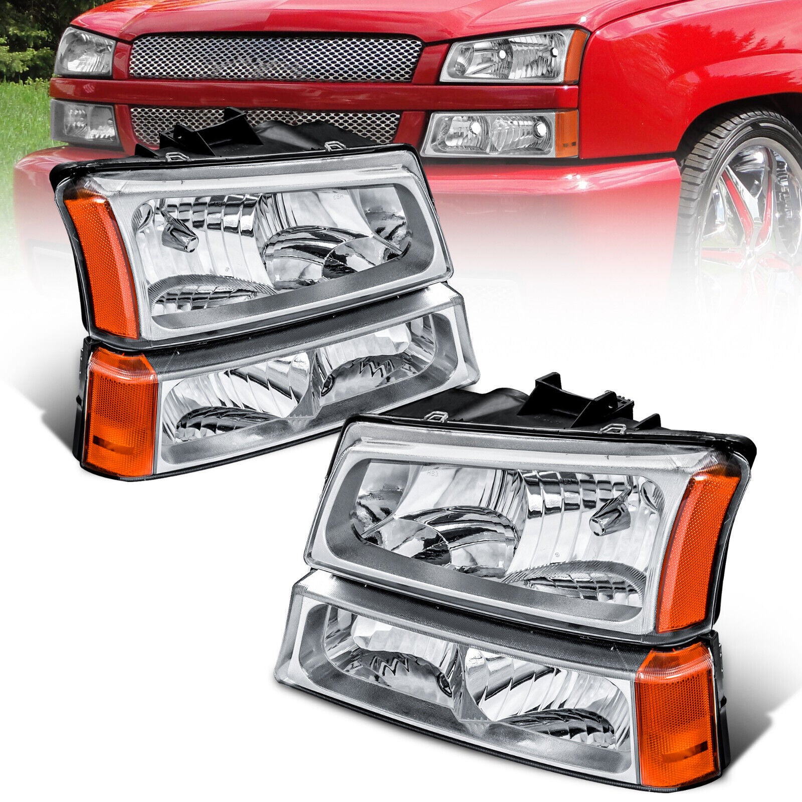 Headlight Assembly For 2003-2006 Chevy Silverado Avalanche 1500/2500/3500 With Chrome Housing/Transparent Lens/Amber Corner