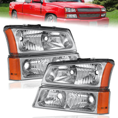 Headlight Assembly For 2003-2006 Chevy Silverado Avalanche 1500/2500/3500 With Chrome Housing/Transparent Lens/Amber Corner