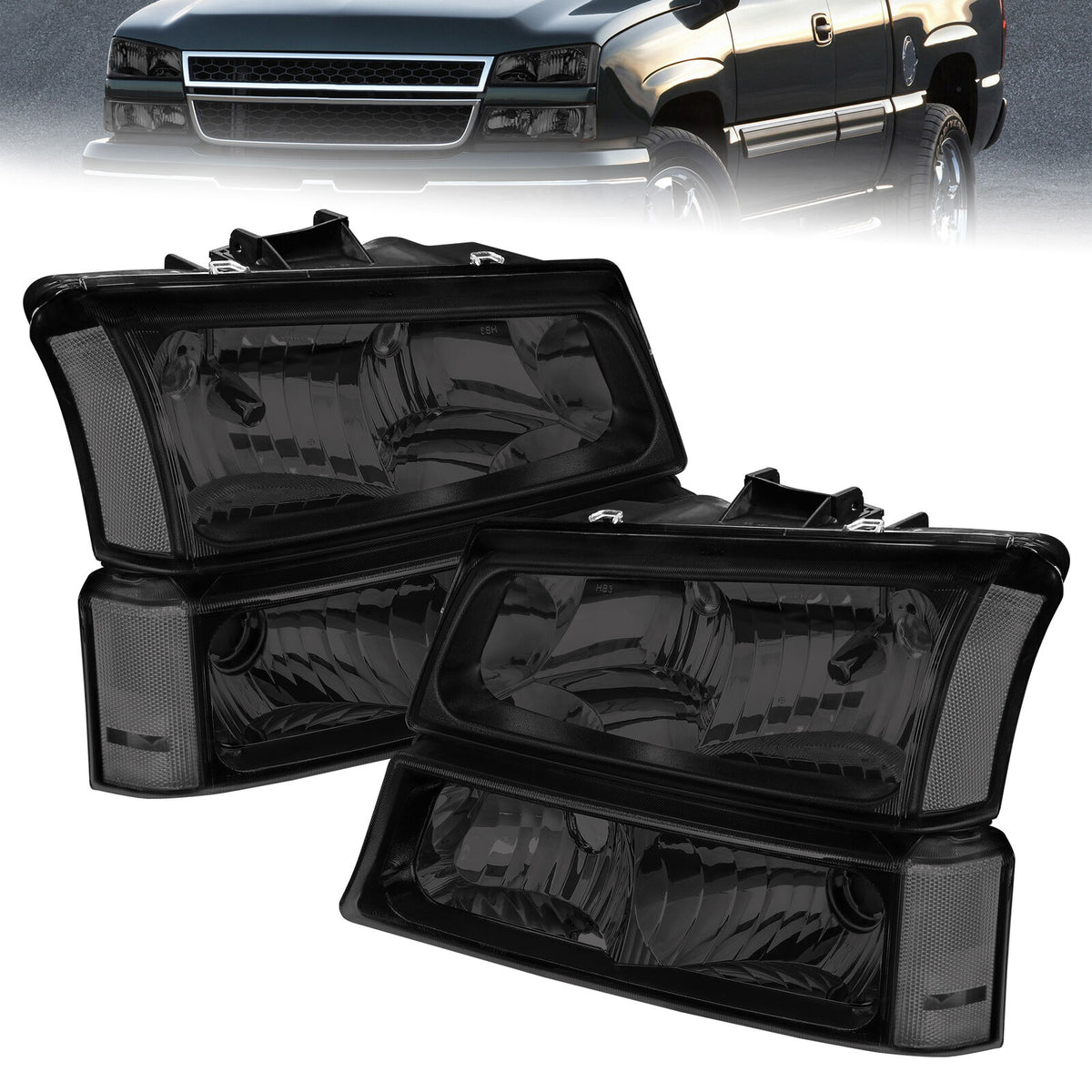 Headlight Assembly For 2003-2006 Chevy Silverado Avalanche 1500/2500/3500 Headlamp Pair with Black Housing/Smoke Lens/Transparent Cornor