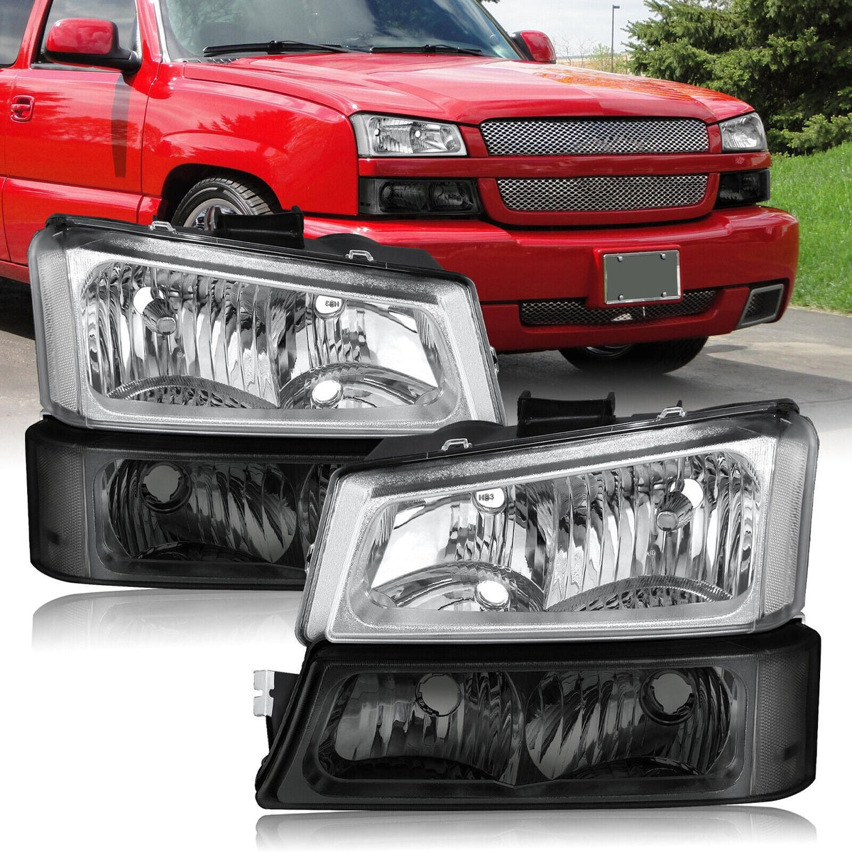 Chrome Housing Headlights w/ Black Bumper Light For 2003-2006 Chevrolet Silverado 1500 2500 2pcs