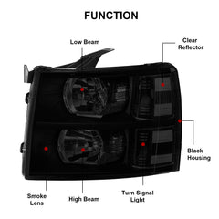 Black Housing OEM Style Headlight Assembly For 2007-2013 Chevy Silverado 1500 2500 3500 with Smoke Lens/Clear Reflector