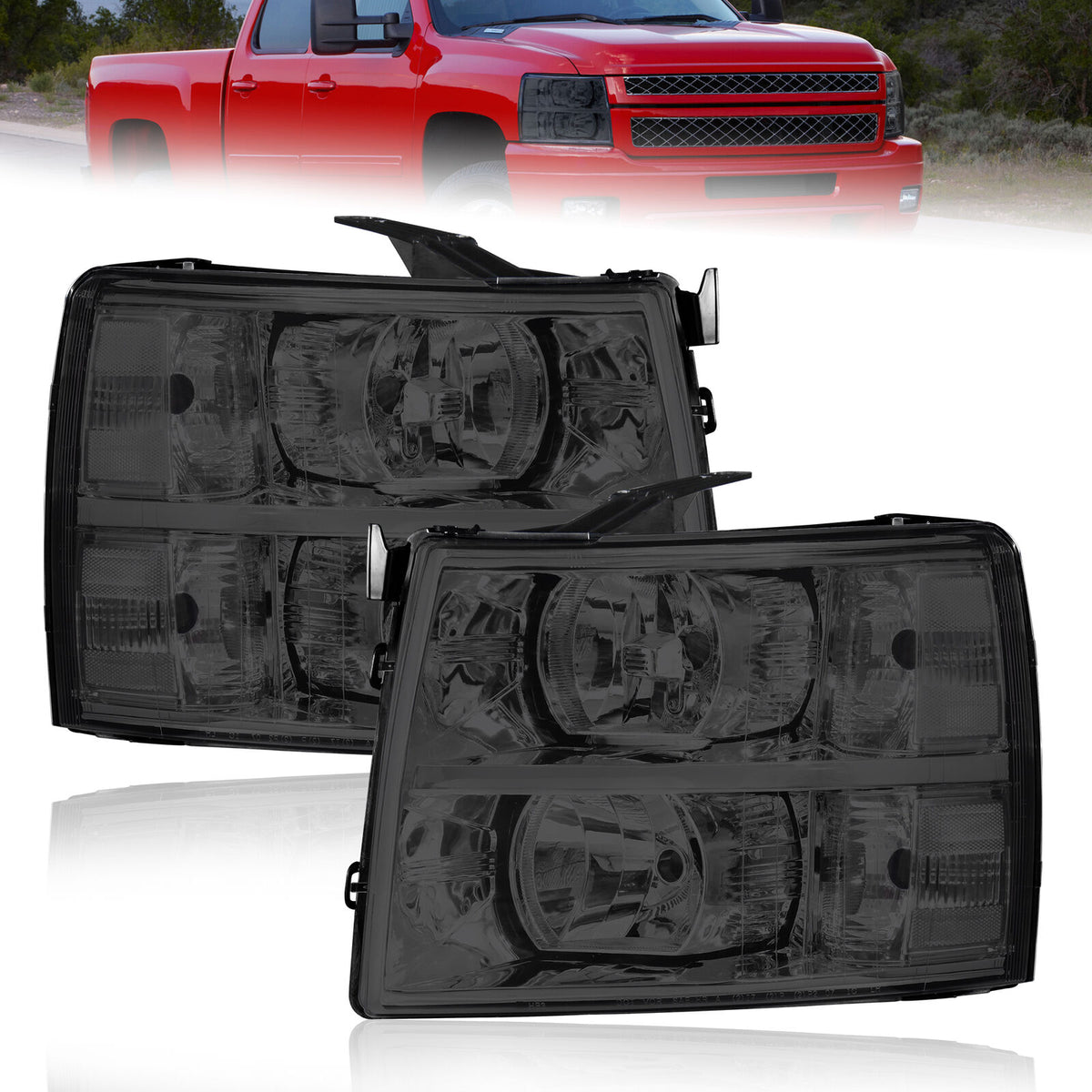 Chrome Housing Headlights Assembly For 2007-2013 Chevy Silverado 1500 2500 3500 With Smoke Lens/Clear Reflector