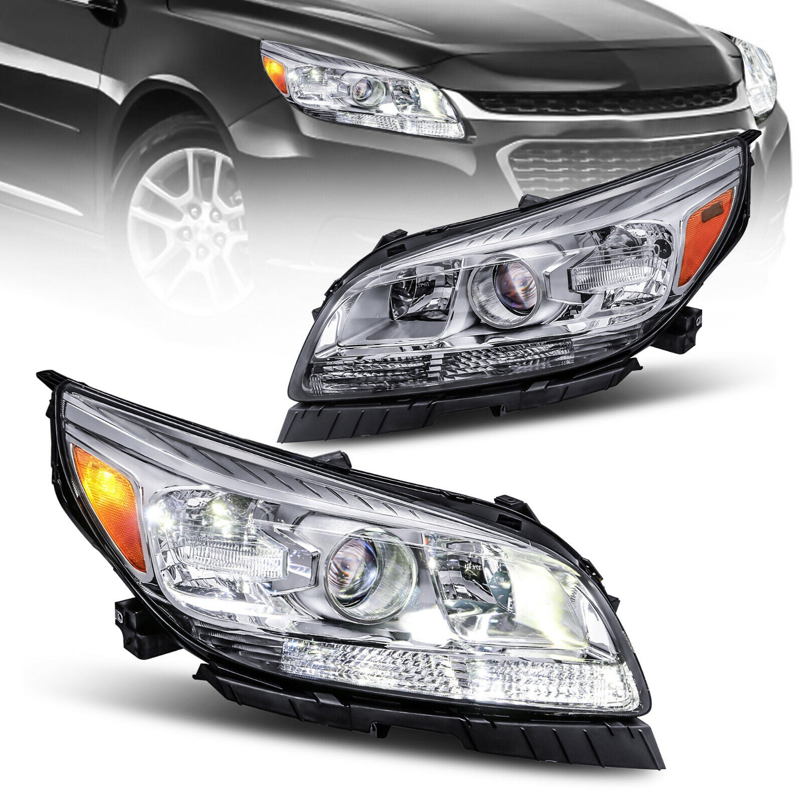 Chrome Housing Headlights Front Lamps For 2013-2015 Chevy Malibu LT/LTZ (Set of 2)