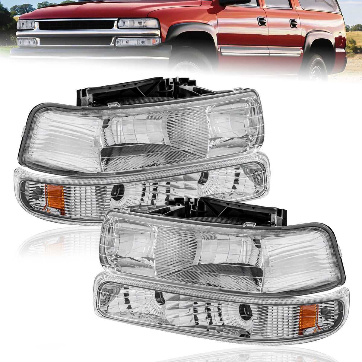 Headlight Assembly For 1999-2002 Chevrolet Silverado 1500 2500 2000-2006 Suburban 1500 2500 Tahoe Front Lamp with Chrome Housing/Clear Lens/Amber Reflector