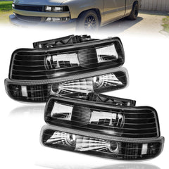 Headlight Assembly & Bumper Lights For 1999-2002 Chevrolet Silverado 1500 2500 2000-2006 Suburban 1500 2500 Tahoe Front Lamp with Black Housing/Clear Lens/Clear Reflecto