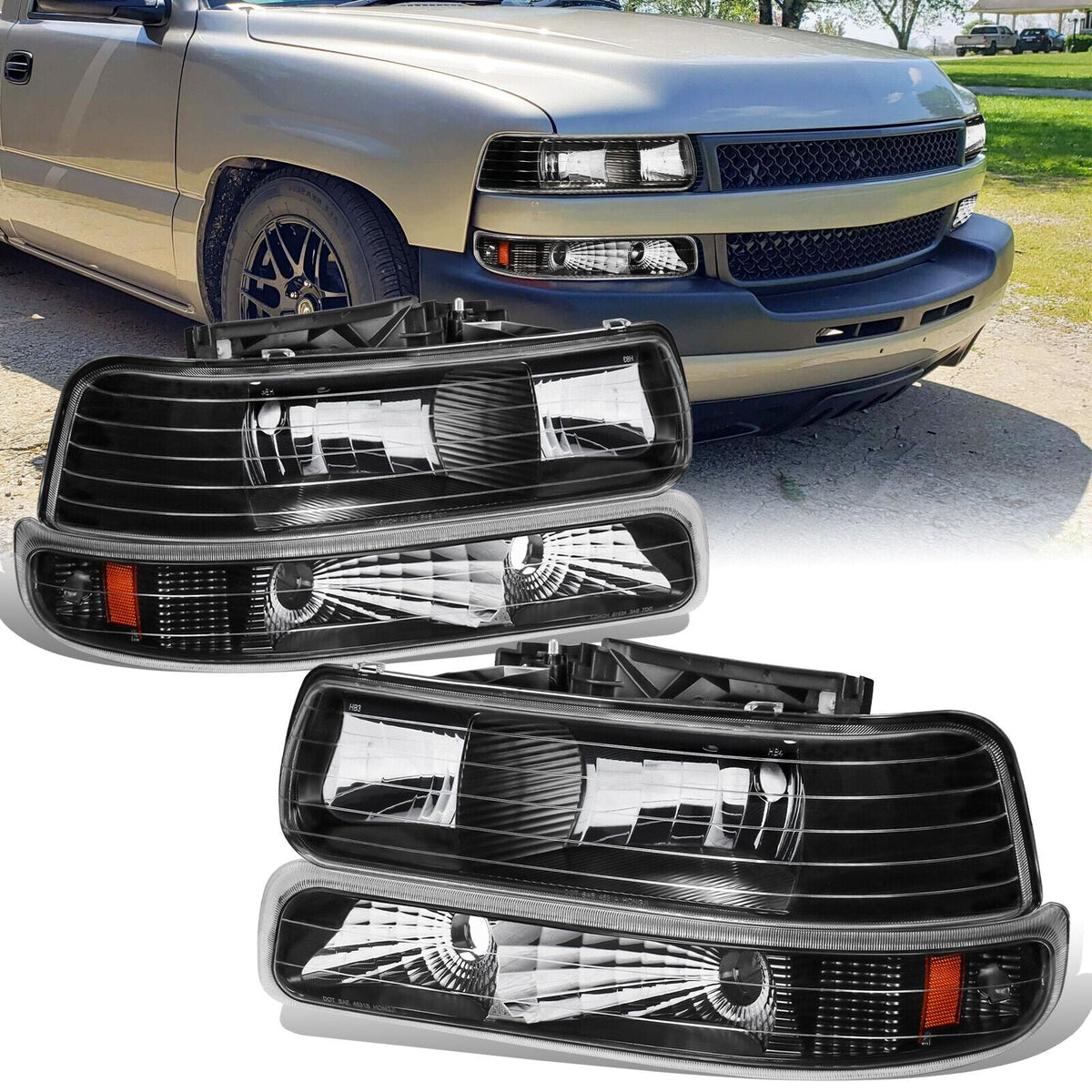 Black Housing Headlights w/Bumper Lights For 1999-2002 Chevy Silverado 1500 2000-2006 Suburban Tahoe LH+RH