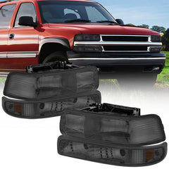 Black Housing Headlights w/Bumper Lamps For 1999-2002 Chevy Silverado 1500 2500 2pcs