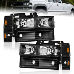 Black Housing Headlights w/ Bumper Corner Lights For 1988-1993 Chevy C/K 1500 2500 3500 2pcs