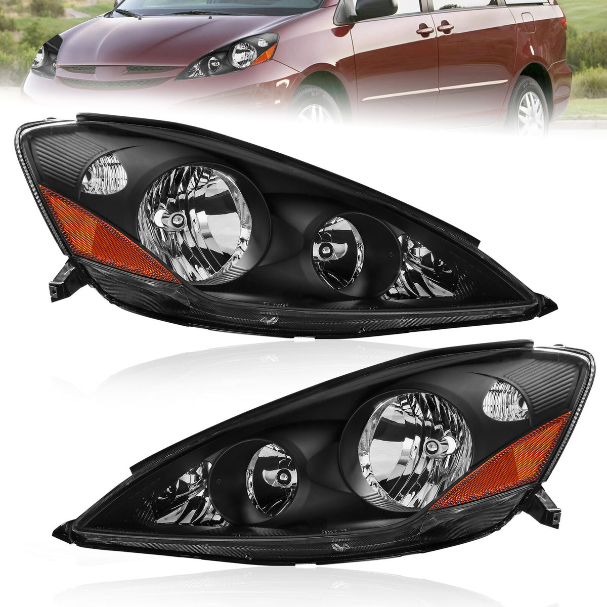 Black Housing Amber Reflector Headlights For 2006-2010 Toyota Sienna LE XLE 2pcs