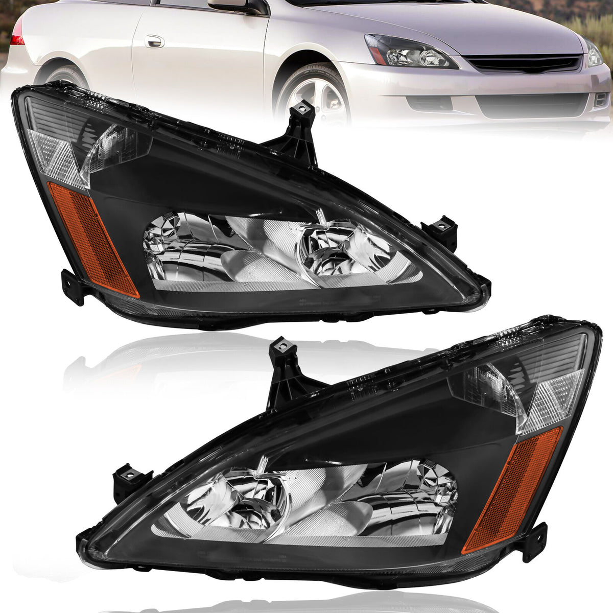 Black Housing Headlights Assembly Front Lamps For 2003-2007 Honda Accord 2pcs