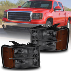 Headlights Assembly Compatible with 2007-2013 GMC Sierra 1500/2007-2014 Sierra 2500HD 3500HD Headlamps Chrome Housing/Smoke Lens/Amber Reflector (Passenger and Driver Side)