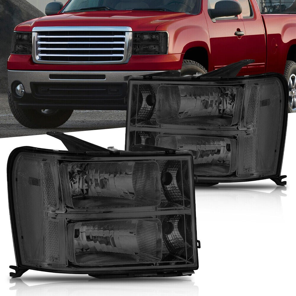 Headlights Assembly Compatible with 2007-2013 GMC Sierra 1500/2007-2014 Sierra 2500HD 3500HD Headlamps Chrome Housing/Smoke Lens/Clear Reflector (Passenger and Driver Side)