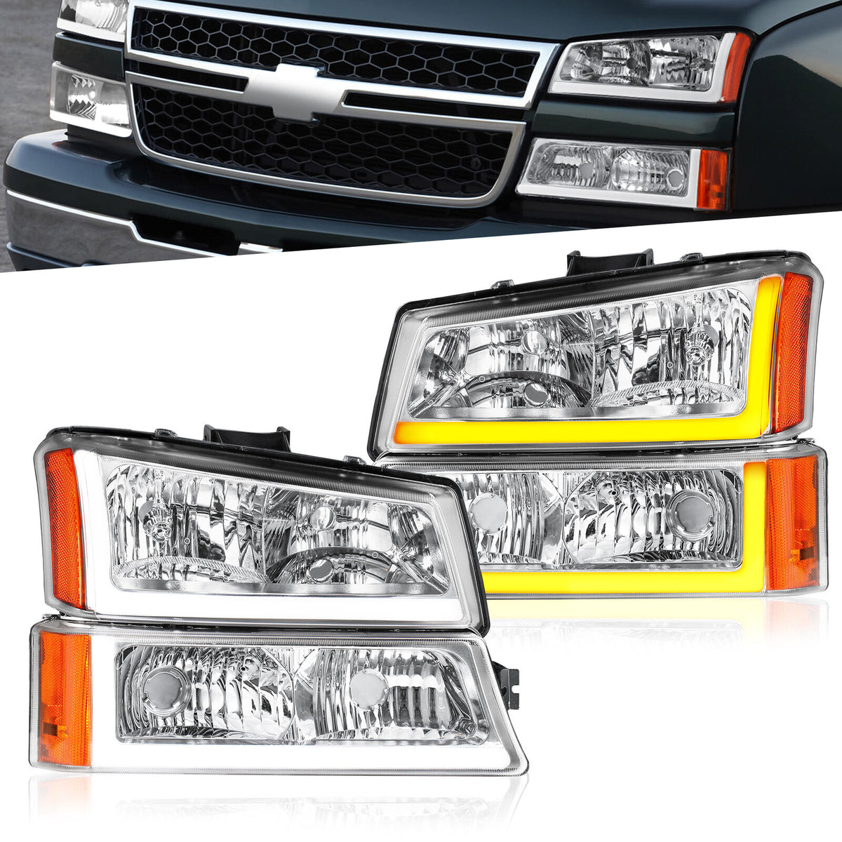 Chrome Headlight w/ LED DRL Signal For 2003-2006 Avalanche Silverado 1500 2500 2pcs