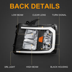 Headlight Assembly For 2007-2013 Chevy Silverado 2500HD 3500HD Front Lamp with LED DRL-Black Housing/Clear Lens/Amber Reflector