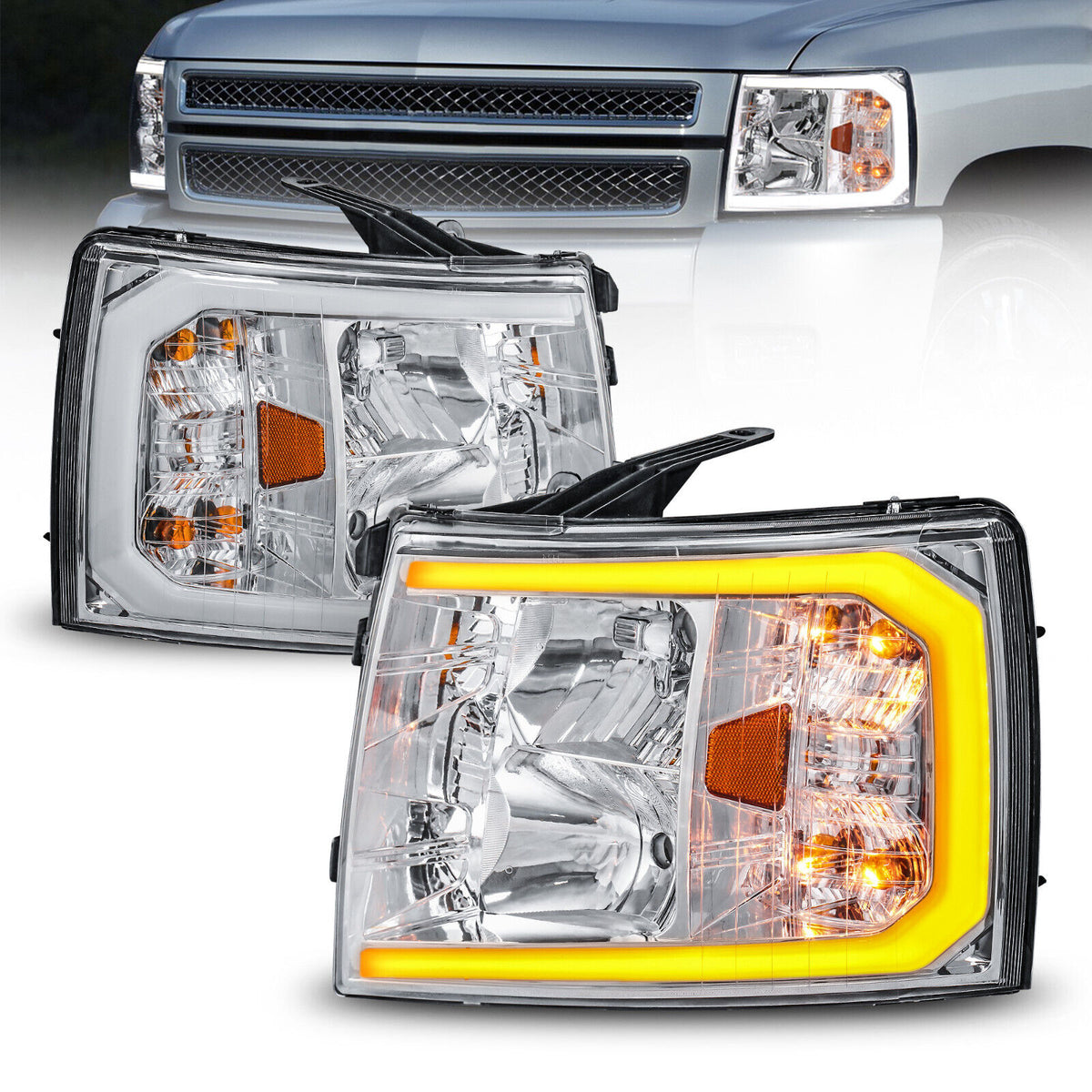 Headlight Assembly For 2007-2013 Chevy Silverado 1500/2500HD/3500HD with Amber LED DRL-Chrome Housing/Clear Lens/Amber Reflector