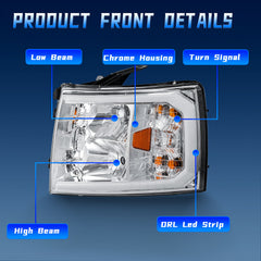 Headlight Assembly For 2007-2013 Chevy Silverado 1500/2500HD/3500HD with Amber LED DRL-Chrome Housing/Clear Lens/Amber Reflector