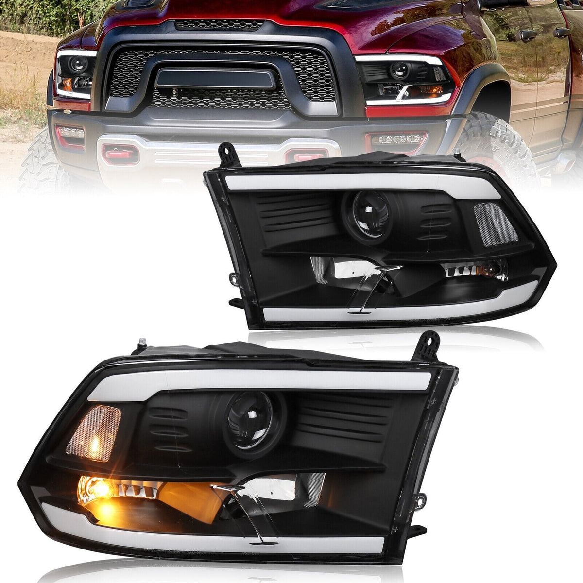 Black Housing LED DRL Headlights For 2009-2018 Dodge Ram 1500 2500 3500 2pcs