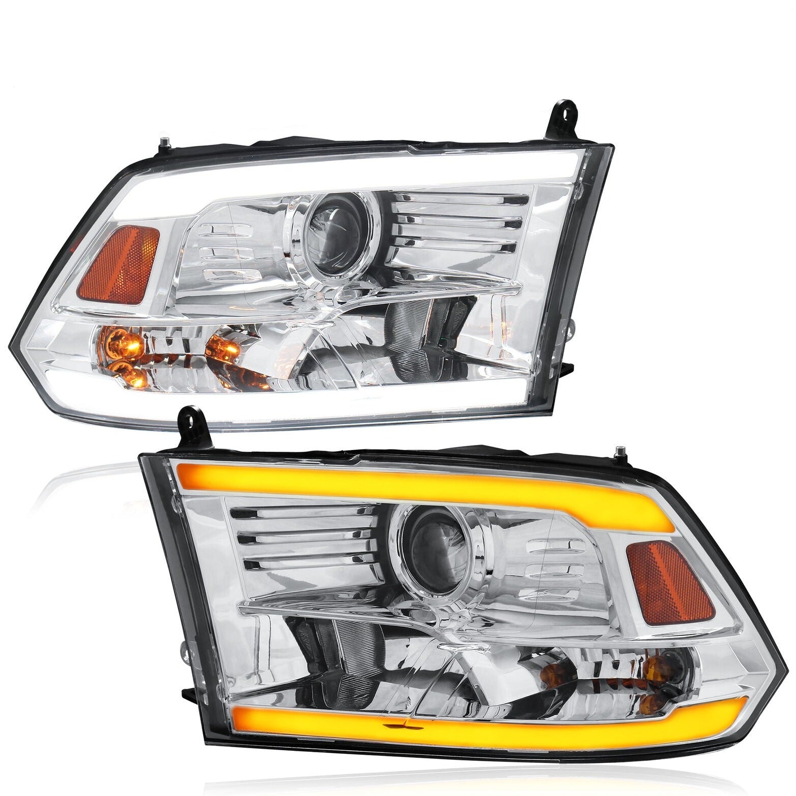 LED DRL Strip Headlights Assembly For 2009-2018 Dodge Ram 1500/2010-2018 Ram 2500 3500 with Sequential Turn Light/Led DRL-Chrome Housing/Clear Lens/Amber Reflector