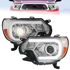 Chrome Housing Headlights w/ LED Strip Bar For 2012-2015 Toyota Tacoma 2pcs