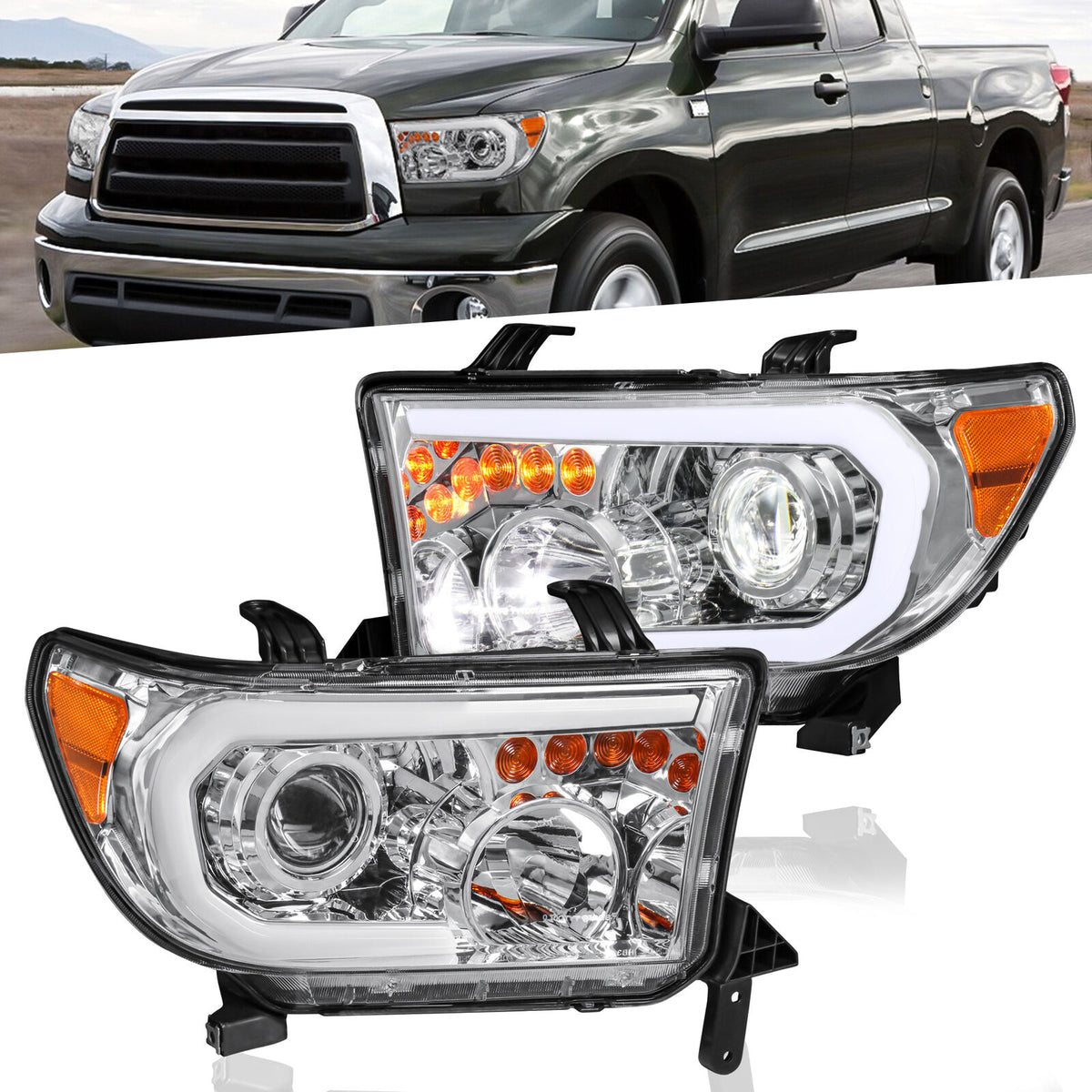 Chrome Housing Headlights w/ LED Strip Signal For 2007-2013 Toyota Tundra 2008-2017 Sequoia 2pcs