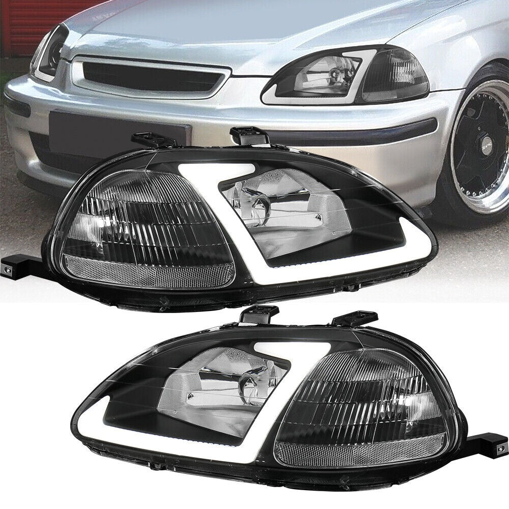 Headlights Assembly w/ LED DRL Strip For 1996-1998 Honda Civic EJ EK EM with Smoke Housing/Clear Lens/Clear Reflector