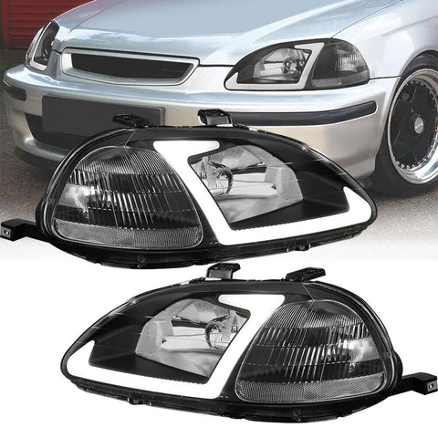 Headlights Assembly w/ LED DRL Strip For 1996-1998 Honda Civic EJ EK E