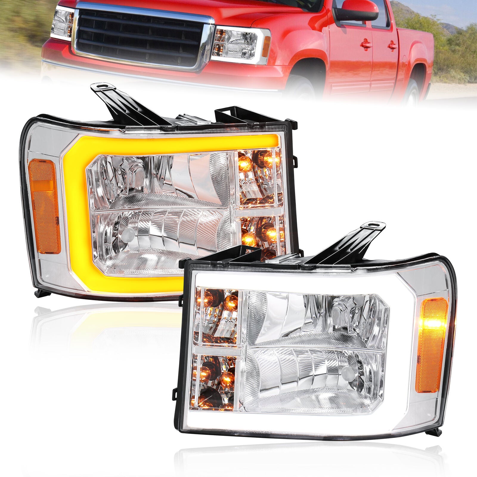 Chrome Housing LED DRL Headlights w/ Dynamic Turn Signal For 2007-2014 GMC Sierra 2500HD 3500HD 2pcs