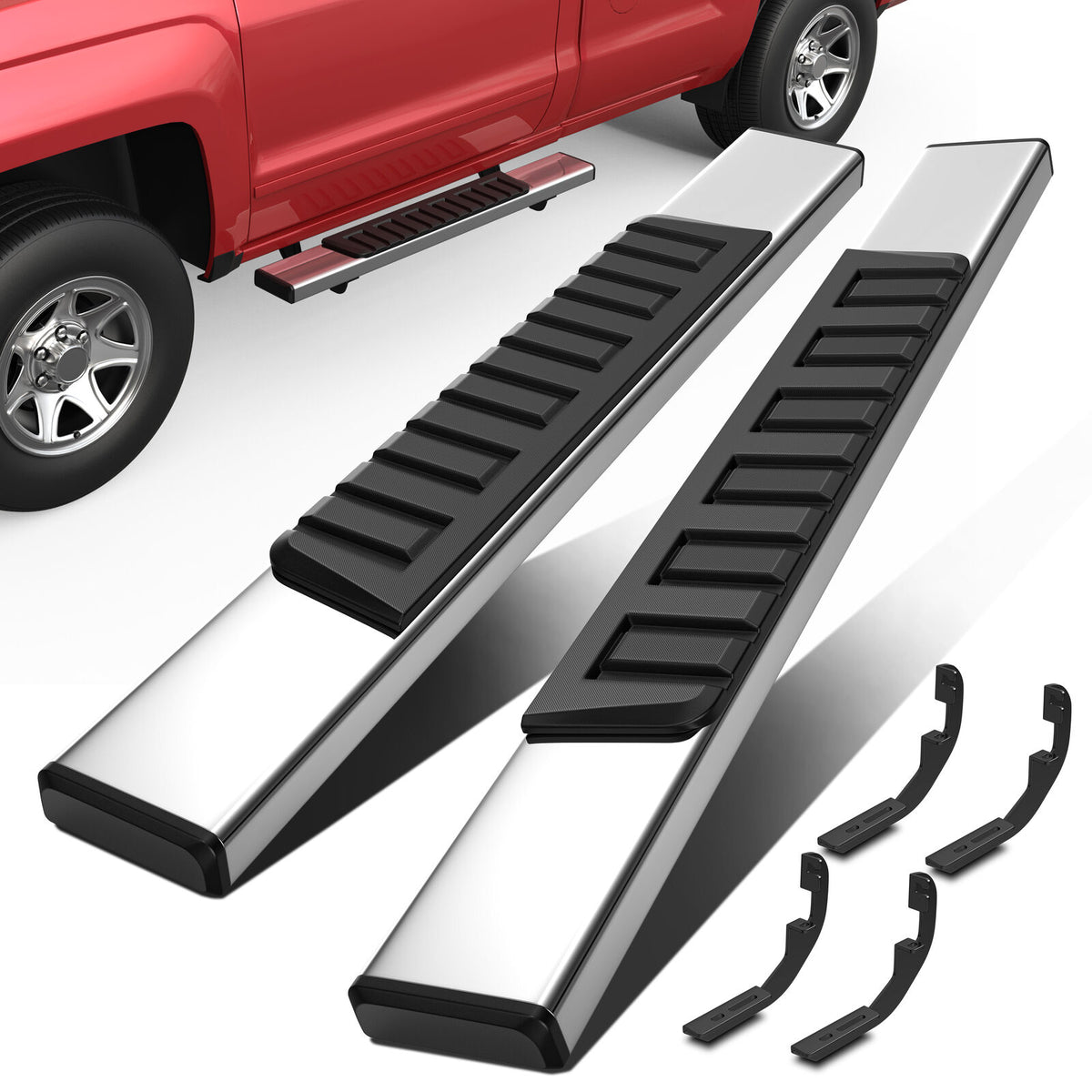 thumbnail image 2 of Running Board Side Steps – 6" Rectangle Nerf Bars For 2019-2025 Silverado/Sierra Double Cab, Black 2 of 5