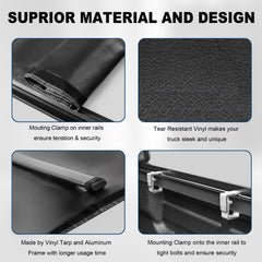 8FT Soft Roll-Up Tonneau Cover For Ford F-250/F-350/F-450 Super Duty 1999-2024 – No Drill, Clamp-On, Black