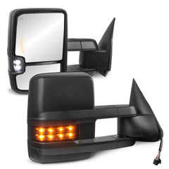 Black Power Heated Tow Mirrors For 1999-2002 Chevy Silverado/GMC Sierra/Chevy Suburban Avalanche Tahoe/GMC Yukon w/ Turn Signal Lights, White Running Lights, Backup Light