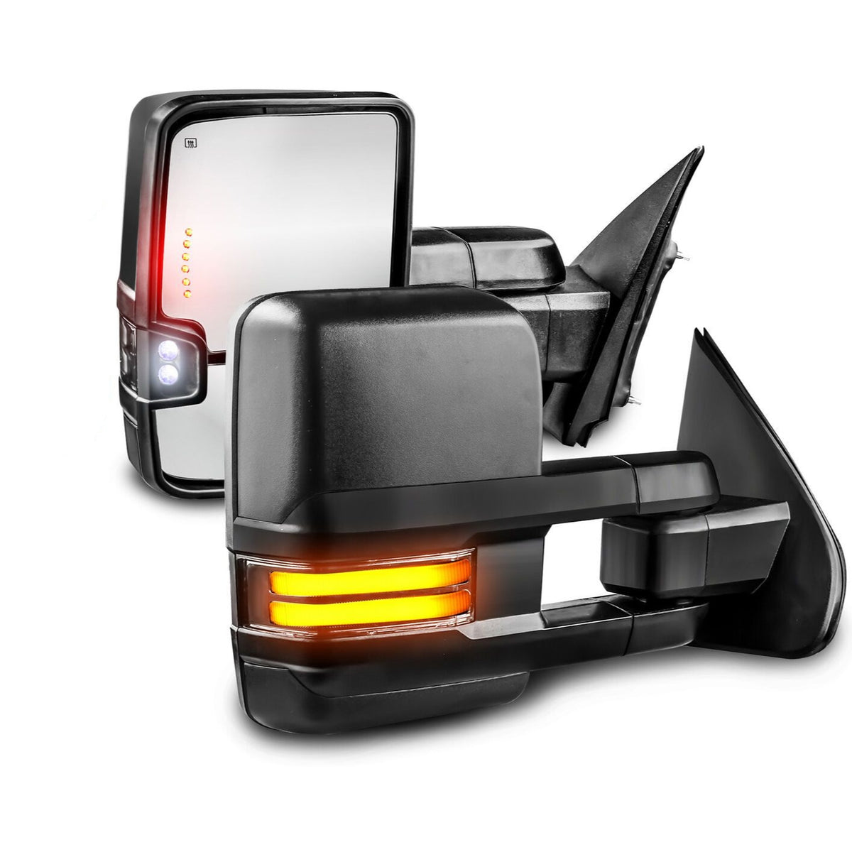 Black Power Heated Tow Mirrors For 1999-2002 GMC Sierra Chevy Silverado 1500/2500/3500 w/Dynamic Turn Light, Clearance Lamps, Amber Running Lights