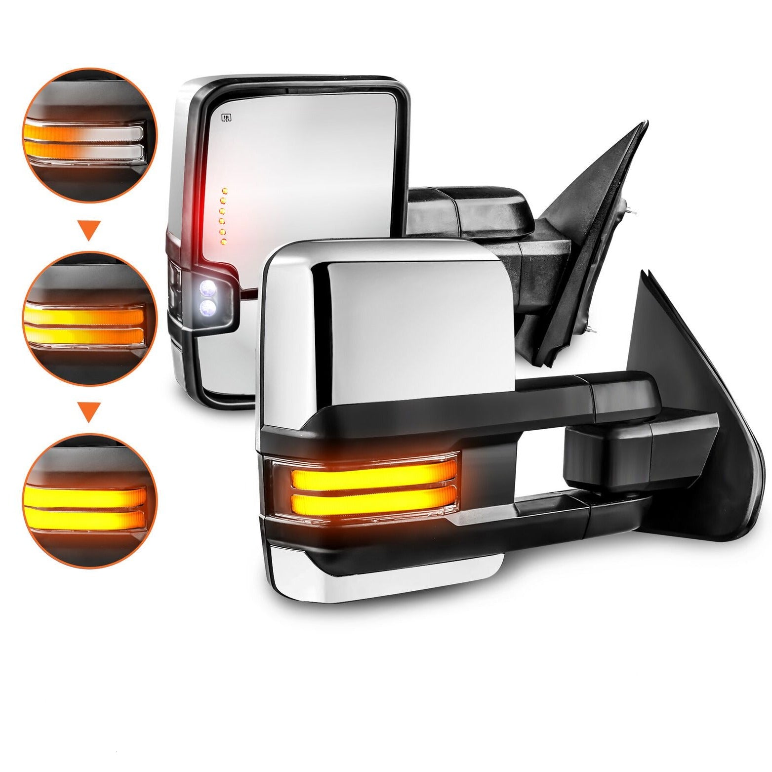 Chrome Power Heated Towing Mirrors With Dynamic Running Lights For 07-14 Chevy Silverado/GMC Sierra