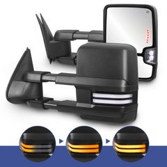 Black Power Heated Tow Mirrors For 2003-2007 Chevy Silverado Tahoe/GMC Sierra Yukon w/Sequential Turn Light, White Running Light