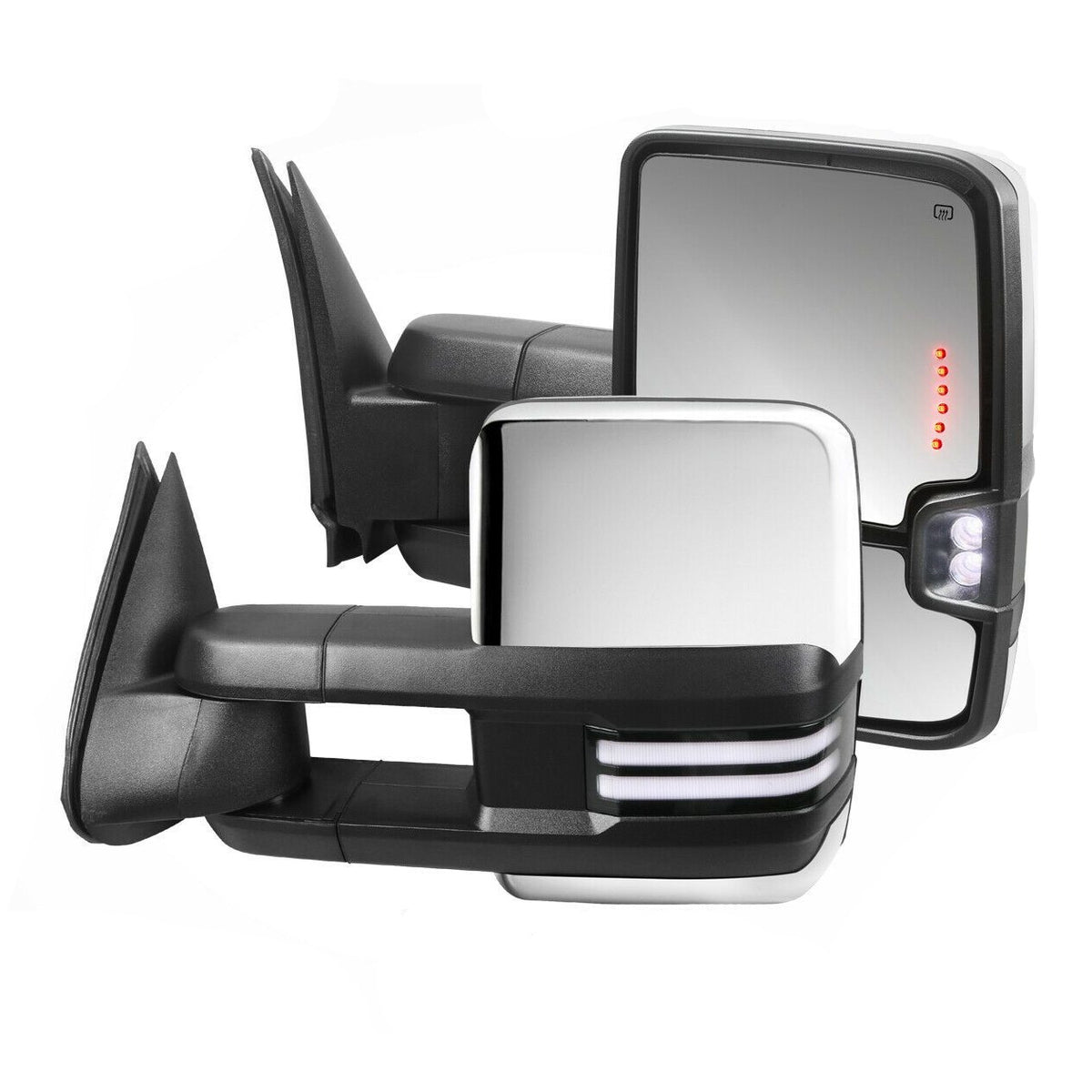 Chrome Power Heated Tow Mirrors For 2003-2007 Chevy Silverado Tahoe / GMC Sierra Yukon 1500 2500 3500 w/Sequential Turn Light, Clearance Lamps, Running Light (Set of 2)