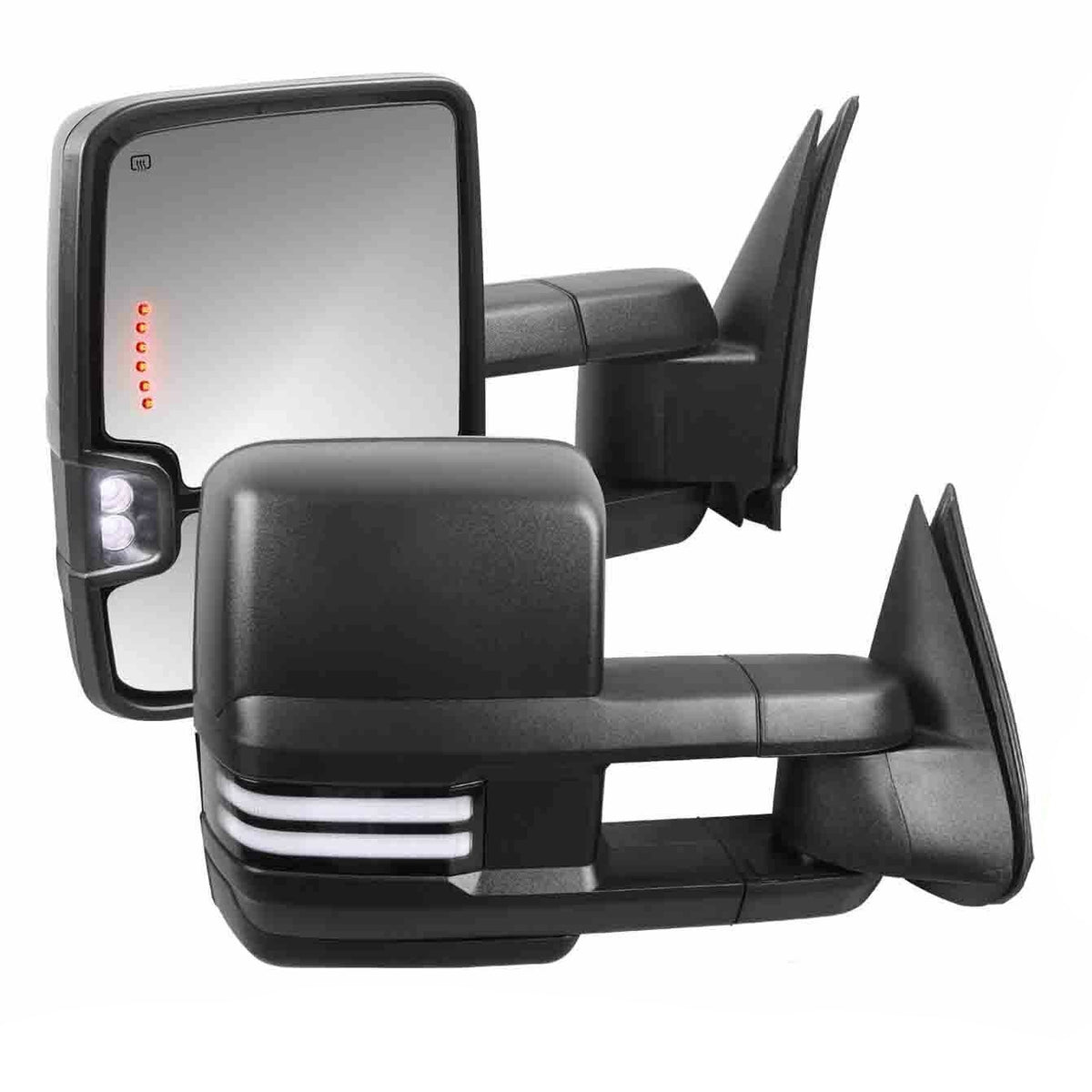 2007-2014 Chevrolet Silverado Tahoe GMC Sierra Black Power Heated Manual Extendable Tow Mirrors w/ LED Turn Signal & White Running Light & Clearance Lights