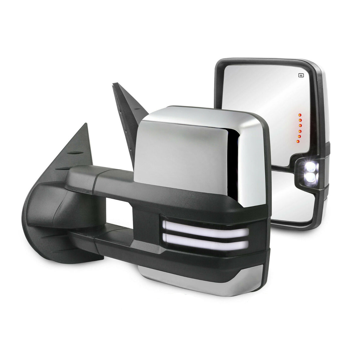 Chrome Power Heated Tow Mirrors For 2007-2014 Chevy Silverado Tahoe, GMC Sierra Yukon with White Running Lights