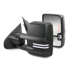 Black Power Heated Tow Mirrors For 2014-2018 Chevy Silverado GMC Serria w/Sequential Turn Light, White Running Light