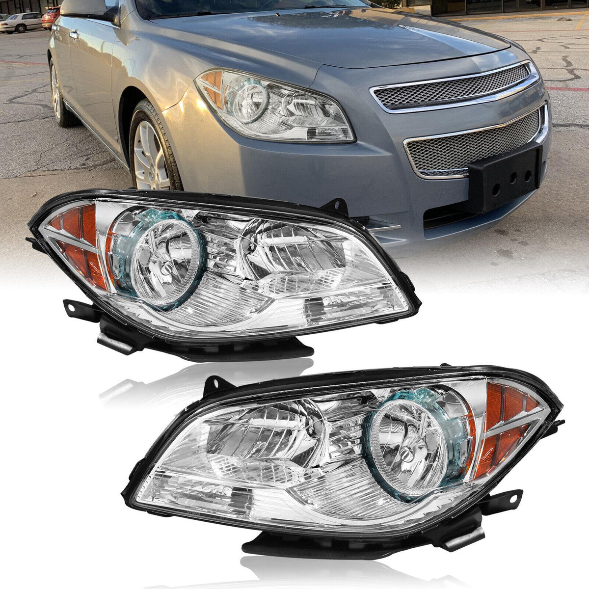 Headlight Chrome Housing w/Amber Reflector For 08-12 Chevy Malibu Sedan HeadLamp