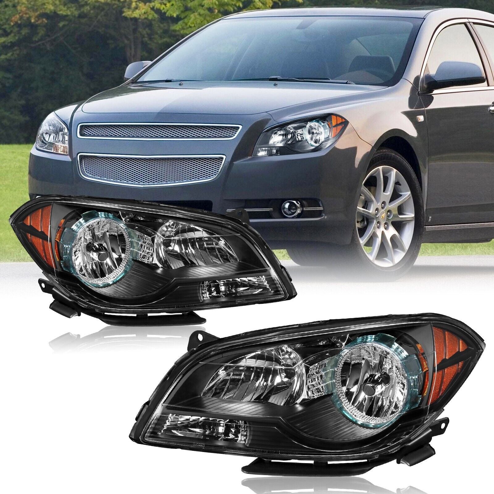 Headlights Black Housing Amber Corner For 2008-2012 Chevy Malibu Front Lamps