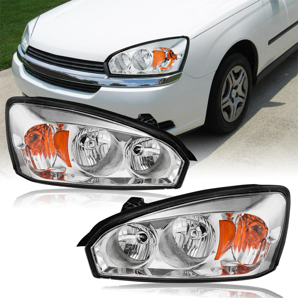 Chrome Headlights W/ Amber Reflector For 2004-2008 Chevy Malibu – Iman365 Pair – Clear Lens, DOT/SAE