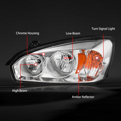 Chrome Clear Housing W/Amber Reflector Headlights For 2004-2008 Chevy Malibu 2pcs