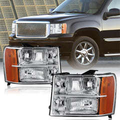 Headlights Assembly For 2007-2013 GMC Sierra 1500/2007-2014 Sierra 2500HD 3500HD with Chrome Housing/Clear Lens/Amber Reflector