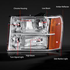 Headlights Assembly For 2007-2013 GMC Sierra 1500/2007-2014 Sierra 2500HD 3500HD with Chrome Housing/Clear Lens/Amber Reflector