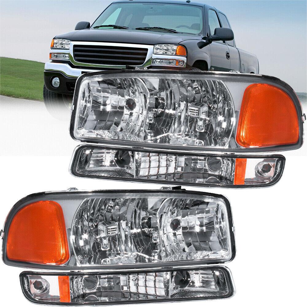 Headlight Assembly Compatible with 1999-2006 GMC Sierra 1500/2500/3500, 2000-2006 Yukon with Chrome Housing/Clear Lens/Amber Reflector