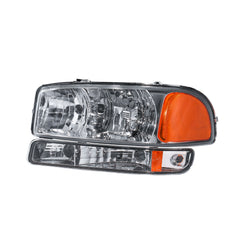 Headlight Assembly Compatible with 1999-2006 GMC Sierra 1500/2500/3500, 2000-2006 Yukon with Chrome Housing/Clear Lens/Amber Reflector